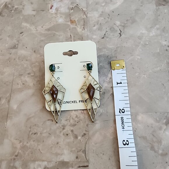 Geometric Brown and Green Dangle Fashion Earrings - Picture 2 of 5